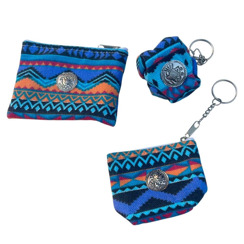 3pc Southwestern Coin Pouch Keychain Set Boho Aztec Zip Bags Colorful